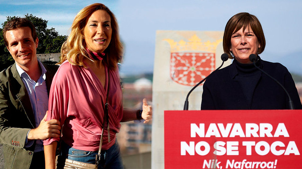 El presidente del PP, Pablo Casado, sostiene a Ana Beltrán junto a una imagen de Uxue Barkos con el nuevo eslogan de Geroa Bai, Navarra no se toca FOTOMONTAJE