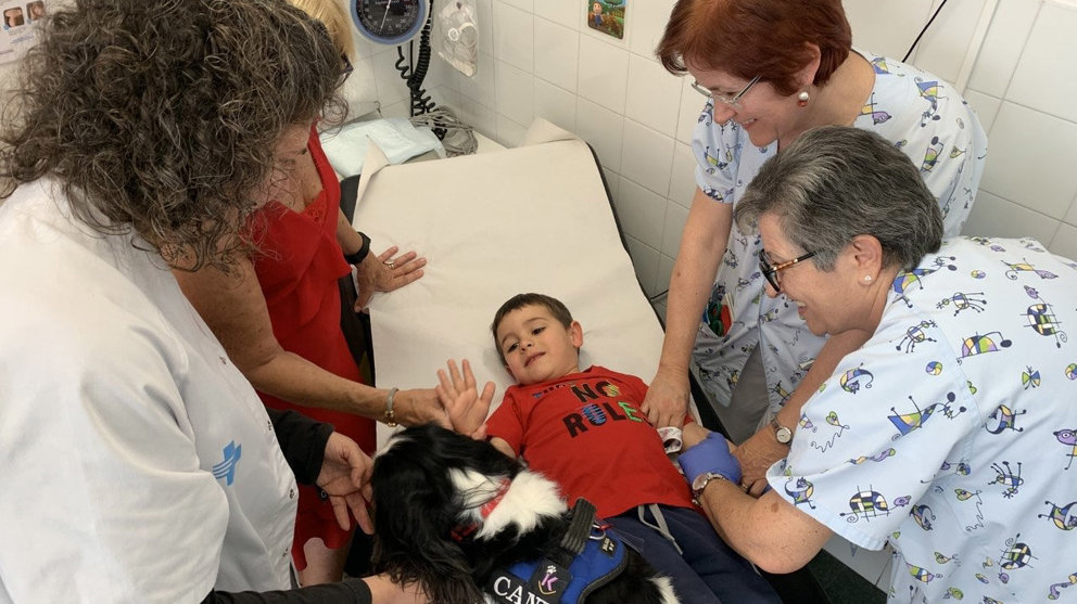 Imagen de un perro ayudando a distraer a un niño durante una extracción de sangre. ICS LLEIDA