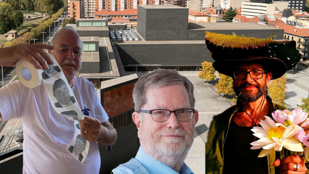 El actor de los Monty Python, John Cleese, el ganador del Premio Nobel de Física George Smoot, y el botánico Carlos Magdalena, en la Plaza del Baluarte donde se celebrará la gala concurso SciencEkaitza.