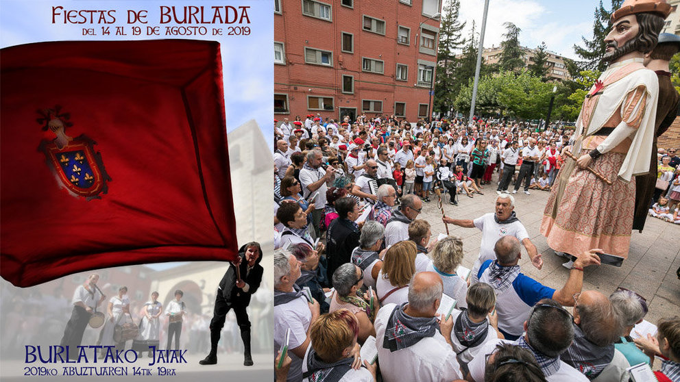 Imagen del cartel ganador para anunciar las fiestas de Burlada de 2019, junto a una imagen de archivo de las fiestas de la localidad NAVARRACOM