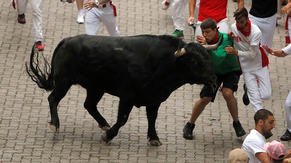 Revellers attempt to dodge a bull during the first running of the bulls at the San Fermin festival in Pamplona, Spain, July 7, 2019. REUTERS/Jon Nazca - RC16E314CF50