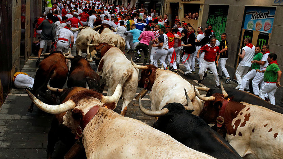 Revellers run next to fighting bulls from Cebada Gago ranch, during the running of the bulls at the San Fermin Festival, in Pamplona, northern Spain, Monday, July 8, 2019. 