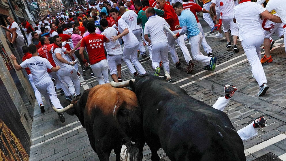 Los toros de la ganadería de La Palmosilla, de Tarifa (Cádiz), a su paso por la calle de La Estafeta, durante el séptimo encierro de los Sanfermines 2019.- EFE/Villar López