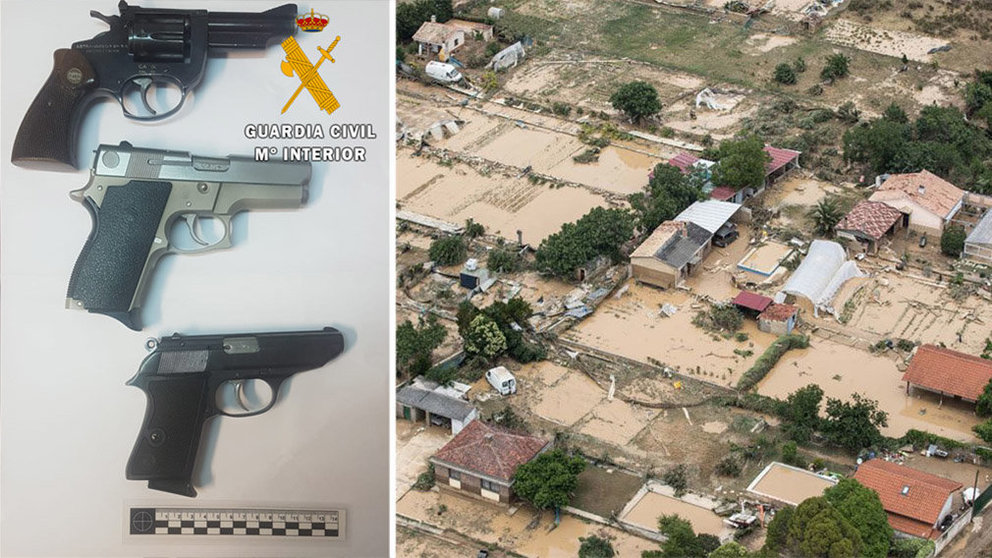 Imagen de tres de las pistolas encontradas por la Guardia Civil tras las riadas en Tafalla A la derecha, la zona de huertas de Tafalla inundada por la crecida del Cidacos Fotos GUARDIA CIVIL GOB FORAL