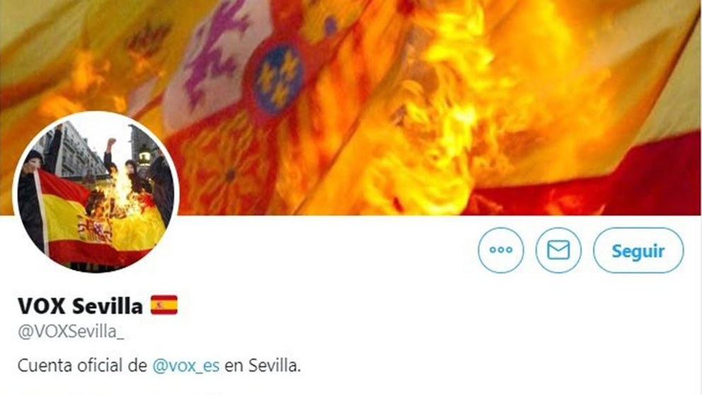 Imagen de la cuenta de Vox Sevilla en Twitter, hackeada. EUROPA PRESS