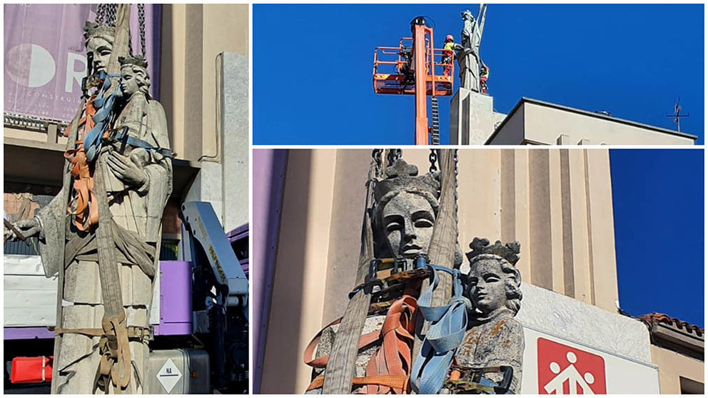 La imagen de María Auxiliadora ha sido desmontada de lo alto del antiguo edificio de Salesianos en Pamplona.