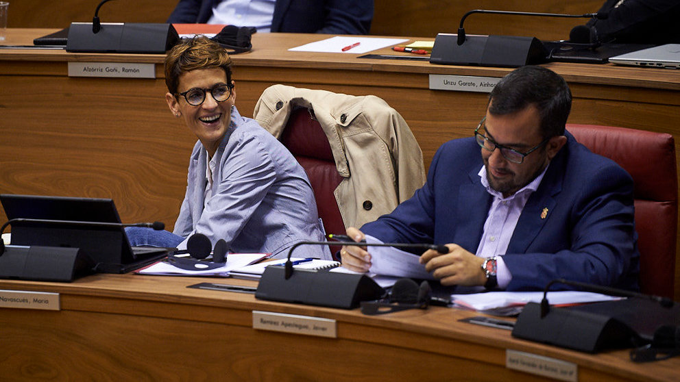 María Chivite, presidenta del Gobierno de Navarra, durante el pleno parlamentario. MIGUEL OSÉS