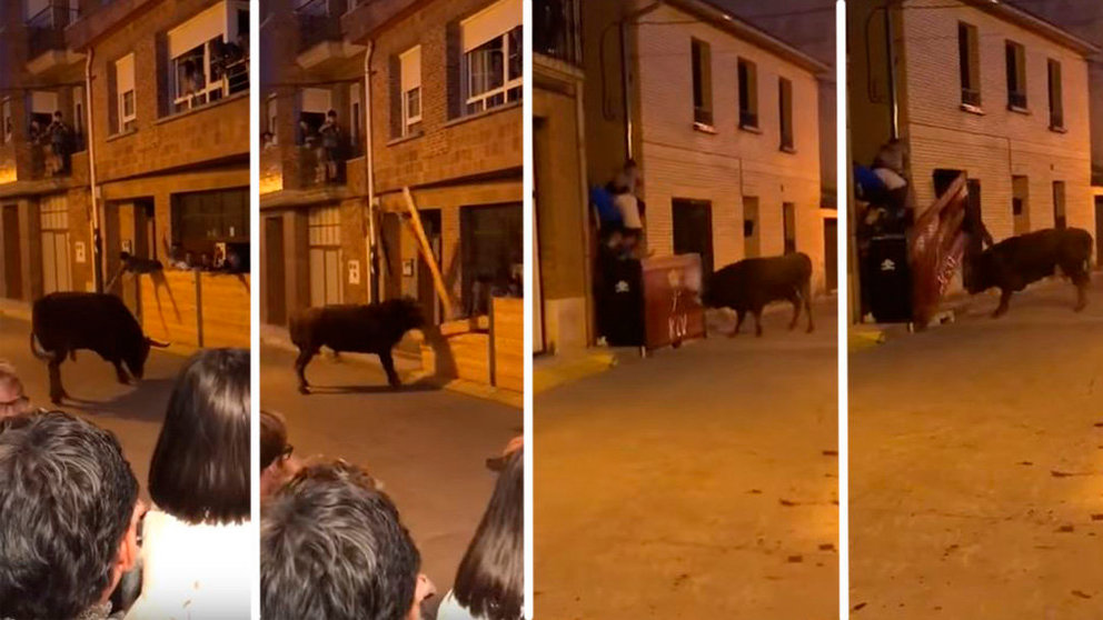 Un toro embiste y rompe dos burladeros en Marcilla