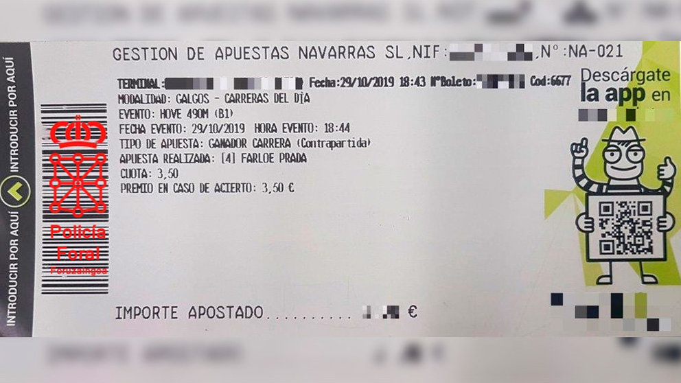 Boleto de una casa de apuestas interceptado a un menor en Tudela. POLICÍA FORAL