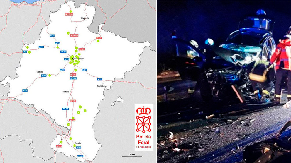 Mapa de Navarra con los accidentes de tráfico de los últimos días POLICÍA FORAL