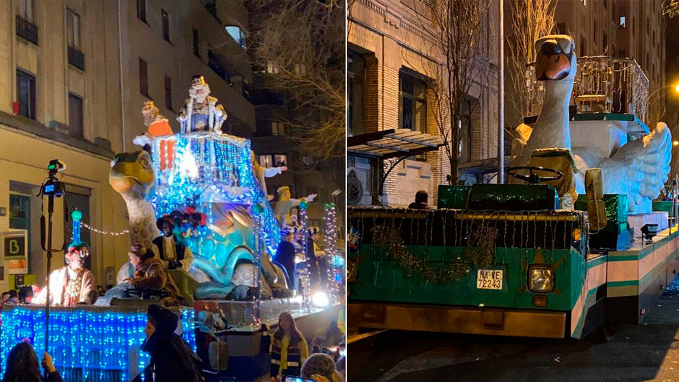 Montaje con las imágenes de los Reyes Magos compartiendo la carroza de Melchor y el vehículo de Gaspar, averiado, en la Plaza del Vínculo