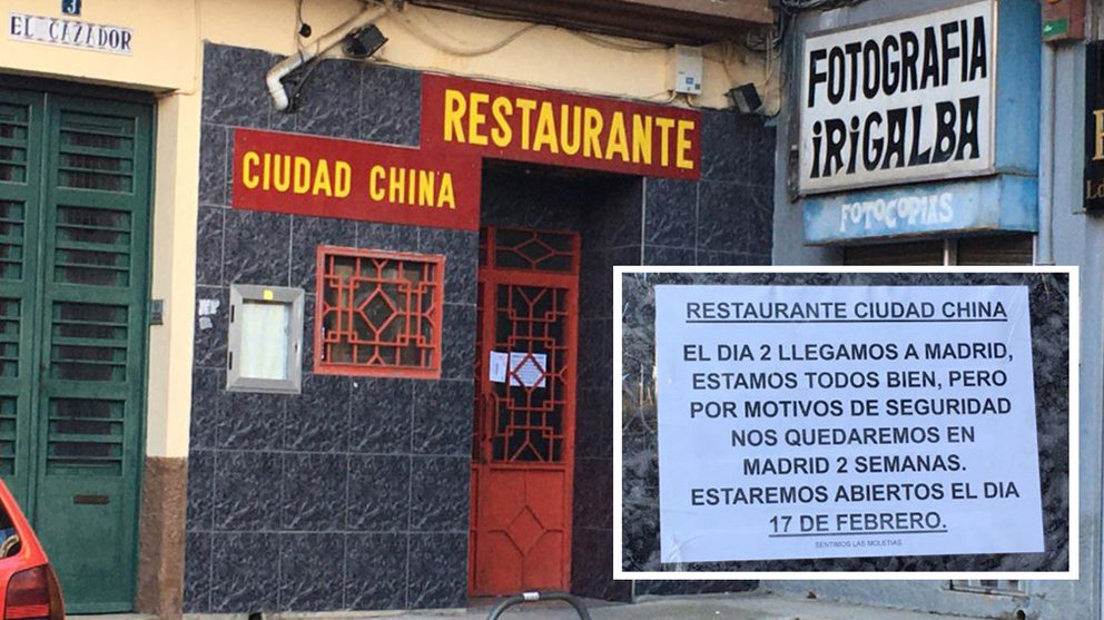 Restaurante chino de Tafalla, con un cartel que avisa de que sus dueños están de cuarentena voluntaria en Madrid NAVARRACOM