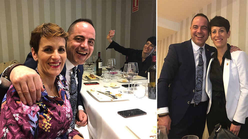 Momento en el que los socialistas, con la presidenta de Navarra a la cabeza, festejan la aprobación de los presupuestos en un conocido restaurante del centro de Pamplona. TWITTER