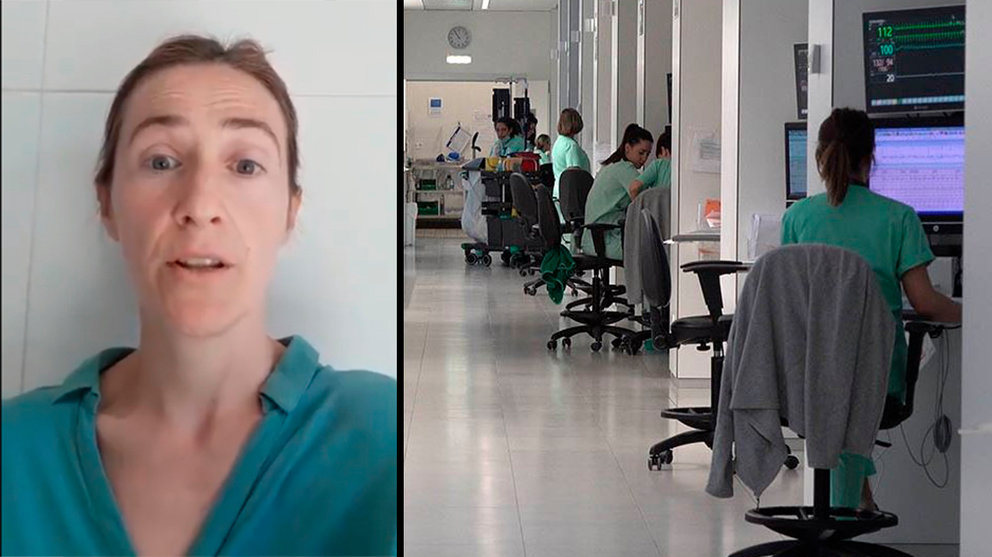 Pantallazo del vídeo difundido en redes sociales, junto a una imagen de una UCI del Complejo Hospitalario de Navarra