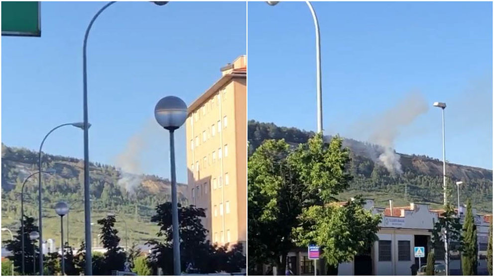 Vista del incendio que ha comenzado en la tarde del viernes en el monte San Cristóbal junto a Pamplona.