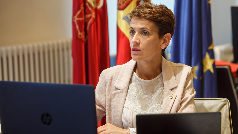La presidenta de Navarra, María Chivite, durante la videoconferencia con Perdro Sánchez GOBIERNO DE NAVARRA