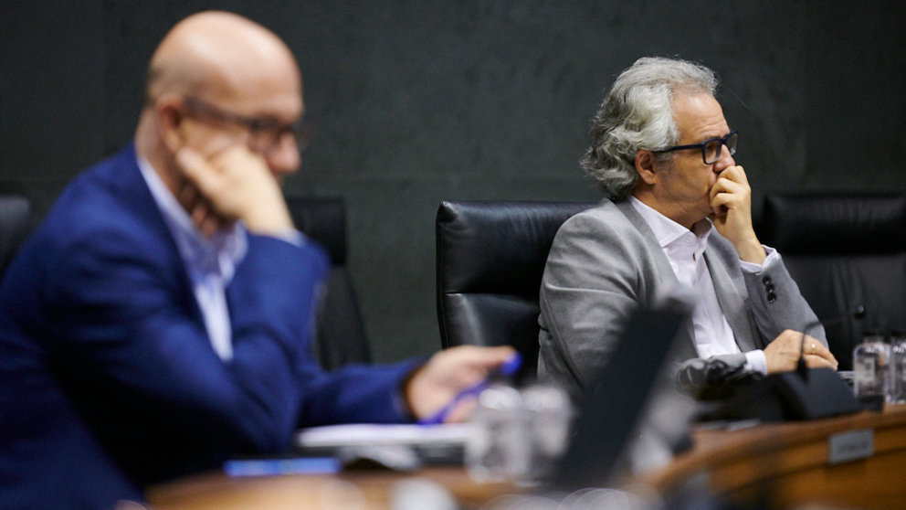José Suarez y Carlos Pérez-Nievas, de Navarra Suma, durante el debate y votación del plan reactivar Navarra. PABLO LASAOSA