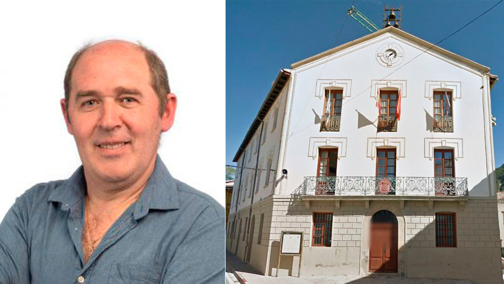 El alcalde de Aoiz, Ángel Unzué, junto a una imagen del Ayuntamiento de la localidad. MONTAJE NAVARRA.COM