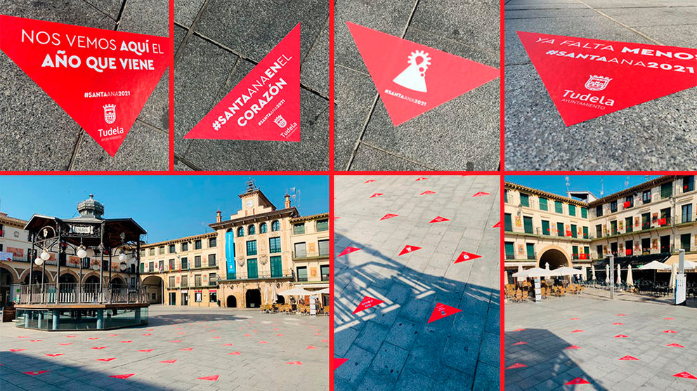 La plaza de los Fueros de Tudela, llena de carteles para recordar la suspensión de las fiestas CEDIDA