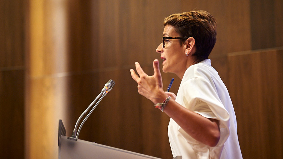 La presidenta del Gobierno de Navarra, María Chivite, comparece ante los medios de comunicación para hacer valoración del primer año de su gobierno. PABLO LASAOSA