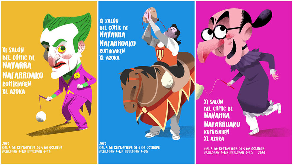 Tres de los carteles del dibujante José Luis Ágreda para ilustrar y anunciar el XI Salón del Cómic de Navarra. CEDIDAS