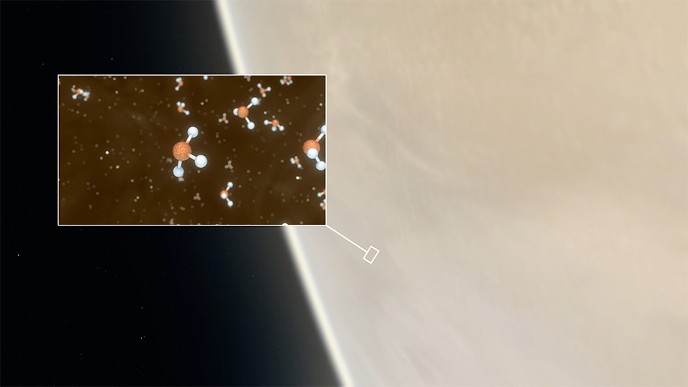 Impresión artística de Venus, con un recuadro que muestra una representación de las moléculas de fosfina detectadas en las nubes altas.

Impresión artística de Venus, con un recuadro que muestra una representación de las moléculas de fosfina detectadas en las nubes altas. EP