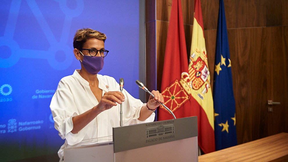 La presidenta del Gobierno de Navarra, María Chivite, comparece ante los medios de comunicación. PABLO LASAOSA