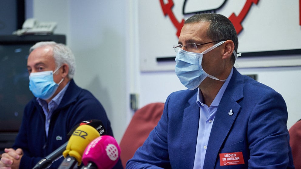 El Sindicato Médico de Navarra ofrece una rueda de prensa sobre la sentencia del Tribunal Supremo acerca de la falta de material de protección del personal sanitario durante la primera ola de la pandemia de Covid-19. MIGUEL OSÉS
