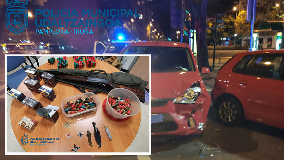 El coche siniestrado junto al arsenal que se hallo en su interior en Pamplona. POLICÍA MUNICIPAL