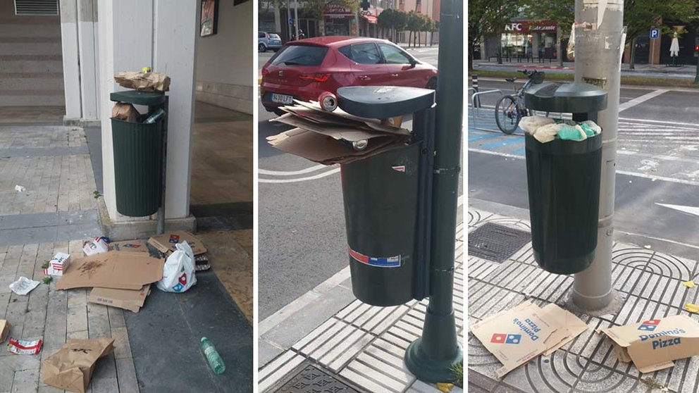 Papeleras repletas y basura en la avenida Pio XII de Pamplona. PSN