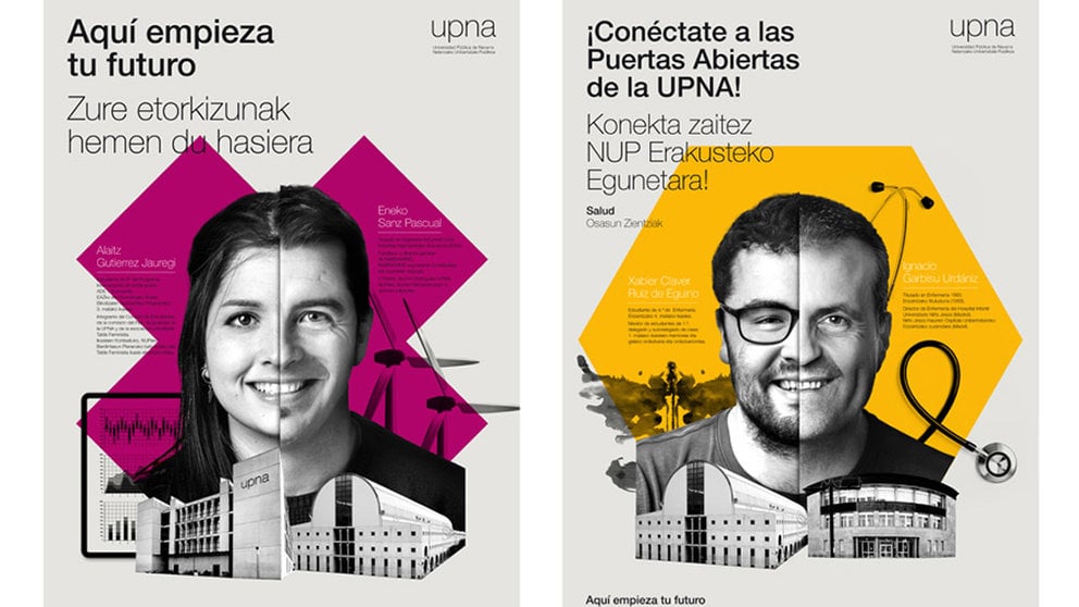 Carteles que promocionan la oferta de grados de la UPNA y la jornada de puertas abiertas. UPNA