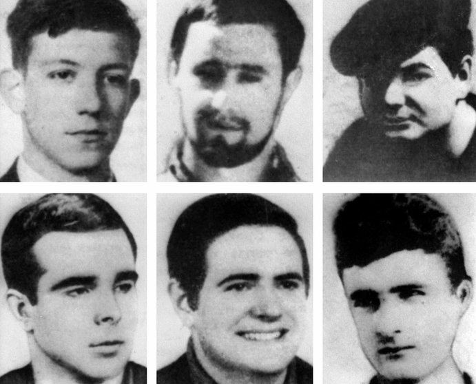 Los seis condenados a muerte: Eduardo Uriarte, José María Dorronsoro, Mario Onaindía, Jokin Gorostidi, Francisco Javier Izko y Javier Larena.