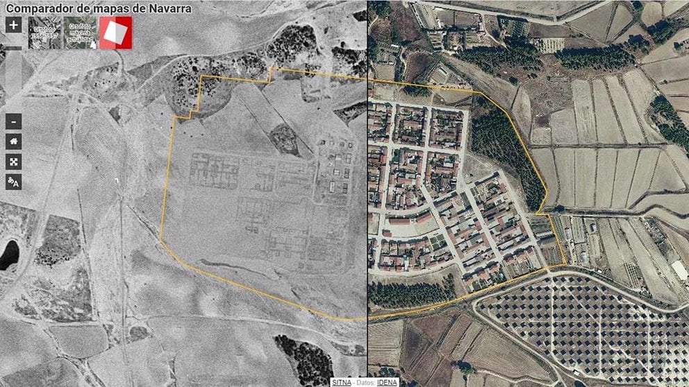 Comparación de las fotos aéreas de Rada en 1957, durante la construcción de la localidad, y en 2020. GOBIERNO DE NAVARRA