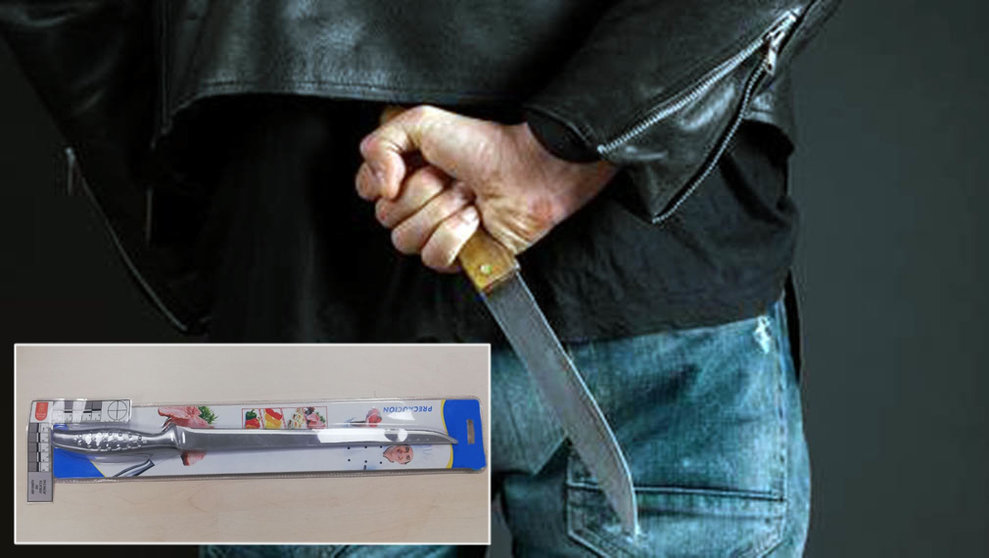 Montaje de un hombre sujetando un cuchillo y el cuchillo comprado por el detenido en Tudela por intento de homicidio ARCHIVO