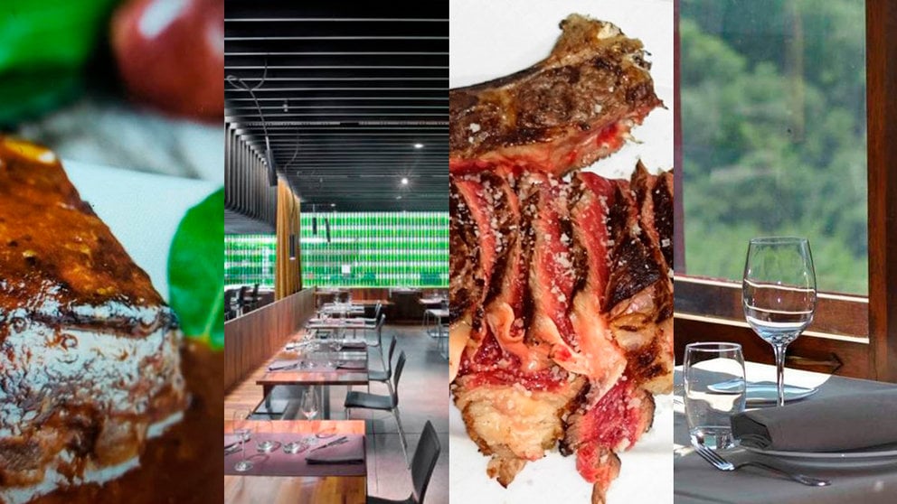 Montaje de platos y locales de los cuatro restaurantes navarros galardonados con el Bib Gourmand de la Guía Michelin