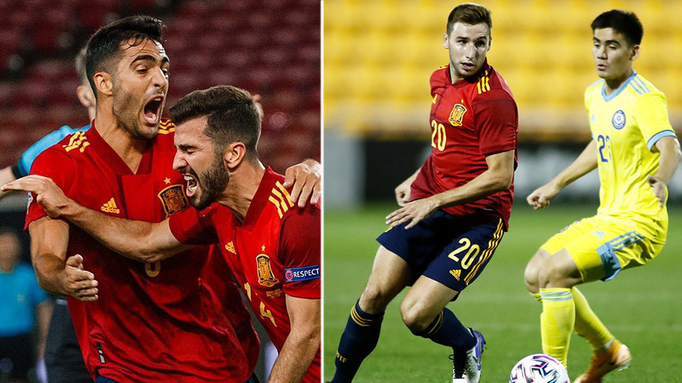Montaje con imágenes de los navarros Mikel Merino y Jon Moncayola, jugando para la selección española