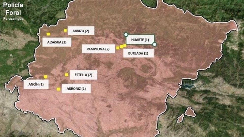 Localidades donde se han producido los hurtos por el método del abrazo en Navarra. POLICÍA FORAL