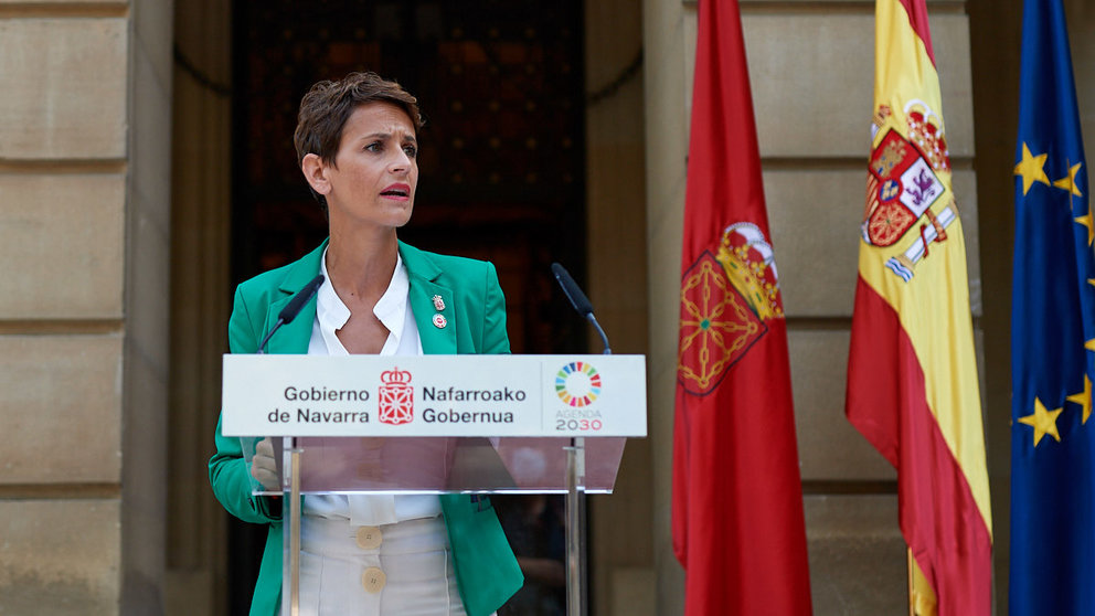 La presidenta del gobierno de Navarra, María Chivite, comparece ante los medios de comunicacion ante el inicio del nuevo curso político. MIGUEL OSÉS