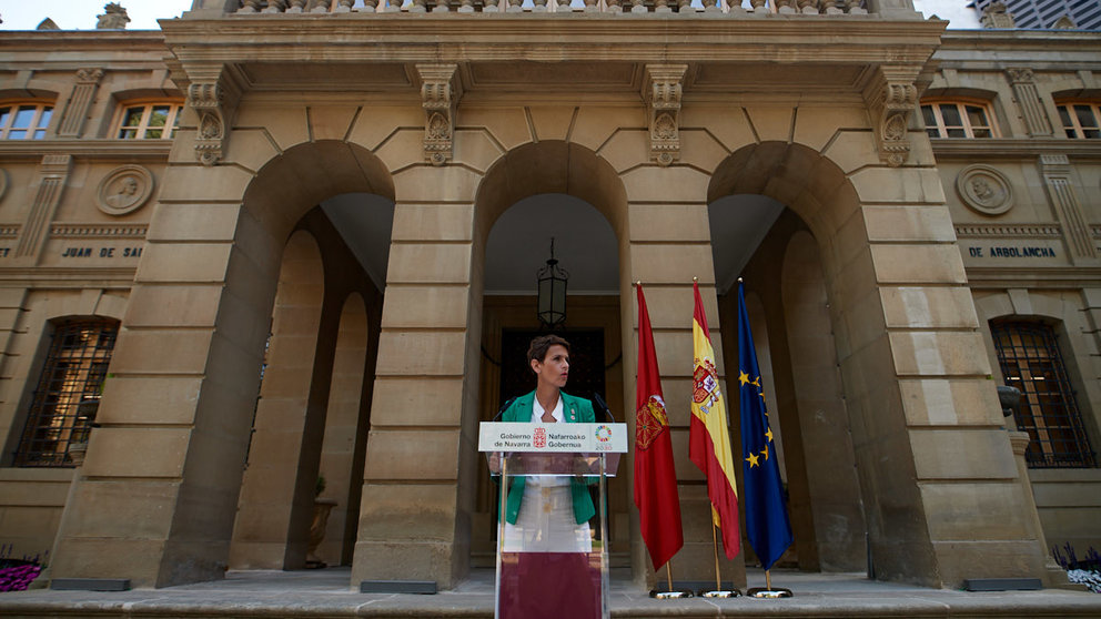 La presidenta del gobierno de Navarra, María Chivite, comparece ante los medios de comunicacion ante el inicio del nuevo curso político. MIGUEL OSÉS