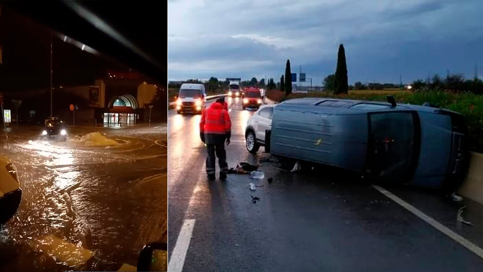 Inundación y accidente de tráfico en Tudela por las fuertes tormentas POLICÍA FORAL