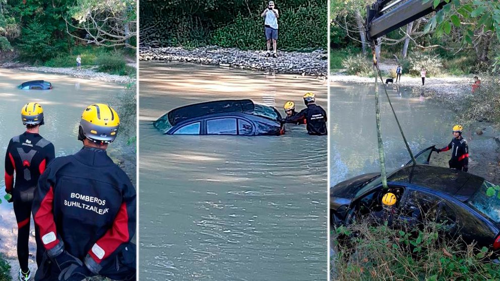 Bomberos de Navarra rescatan un coche del río Arga a su paso por Arre BOMBEROS DE NAVARRA