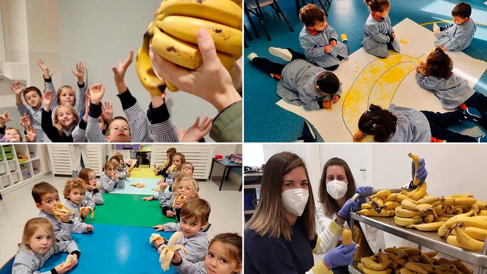 Reparto de plátanos en el colegio Liceo Monjardín de Pamplona para ayudar a la isla de La Palma. CEDIDAS