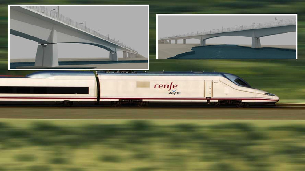 Tren de Alta Velocidad e infografía del viaducto que se va a construir en Navarra. ADIF.