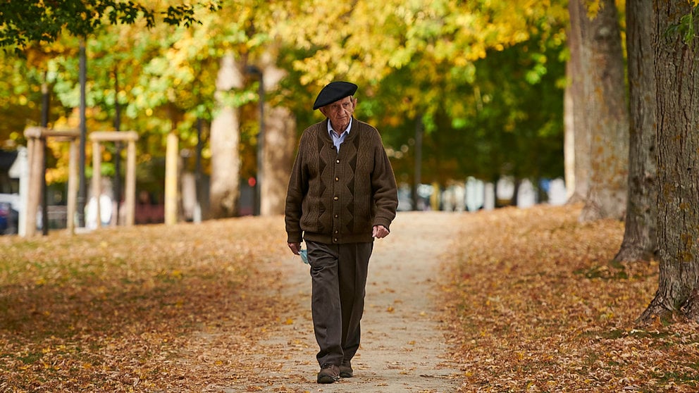 Una persona camina por la Vuelta del Castillo de Pamplona en una mañana de otoño. PABLO LASAOSA