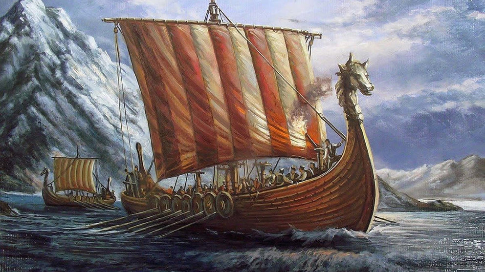 Dibujo que representa una escena de naves vikingas navegando por el mar. CEDIDA