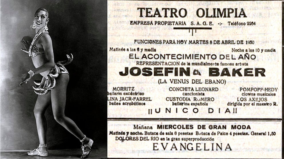 A la izquierda Joséphine Baker con su famosa faldita de bananas. A la derecha el anuncio publicado en El Pensamiento Navarro que recriminó La Tradición Navarra.