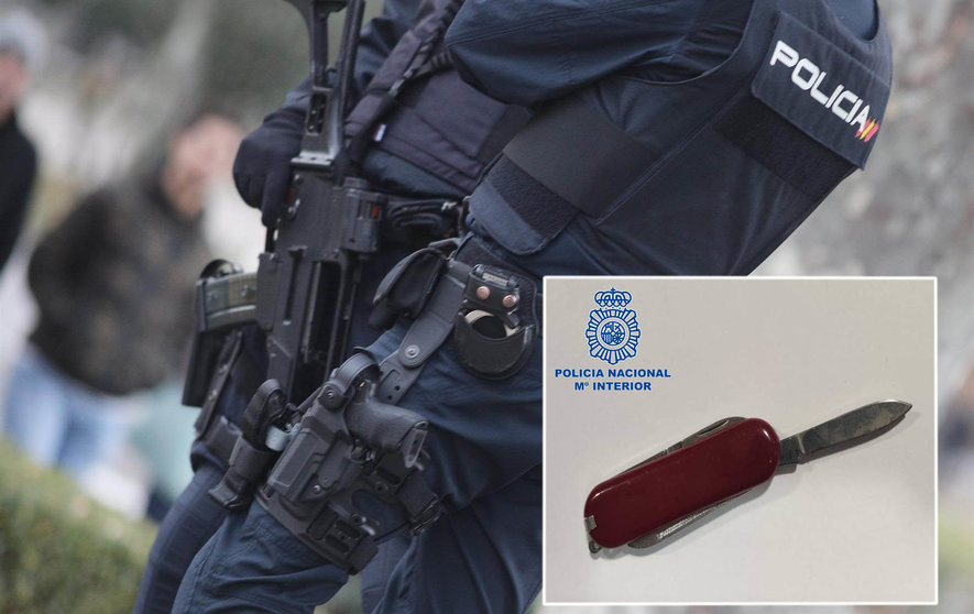 Montaje de agentes de la Policía Nacional y el arma blanca utilizada por el hombre para autolesionarse EUROPA PRESS-CEDIDA