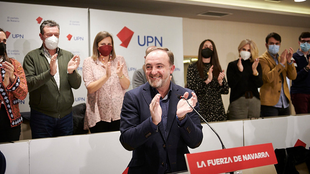 Javier Esparza durante su discurso de reelección como candidato de UPN al Gobierno de Navarra en las próximas elecciones. PABLO LASAOSA