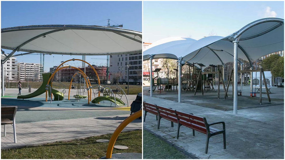 Pamplona recubre los parques infantiles de la plaza de Ezcaba de Chantrea y de la plaza Maravillas Lanberto en Lezkairu. AYUNTAMIENTO DE PAMPLONA
