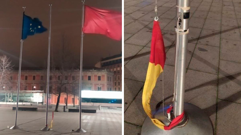 Montaje con imágenes del intento de robo de la bandera de España en la plaza de la Constitución en Pamplona POLICIA MUNICIPAL DE PAMPLONA